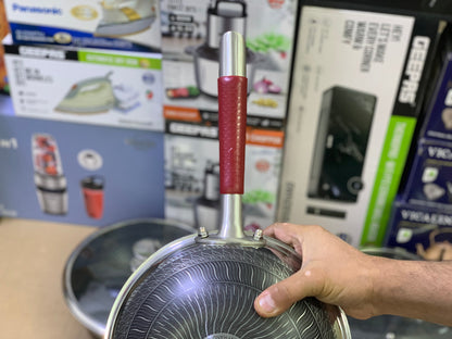 Laser coating deep Frying pan red handle